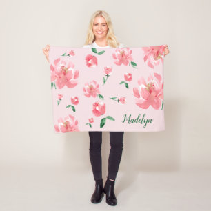 Roze Waterverf Peonies Green Script Custom Name Fleece Deken