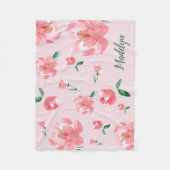 Roze Waterverf Peonies Green Script Custom Name Fleece Deken (Voorkant)