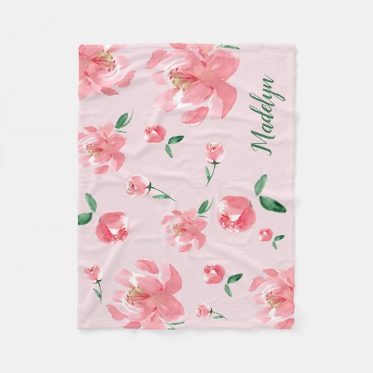 Roze Waterverf Peonies Green Script Custom Name Fleece Deken (Voorkant)
