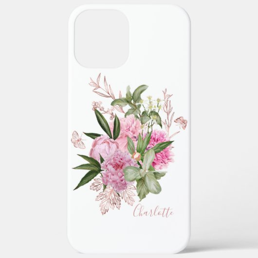 Roze Waterverf Peonies Roos Gold Butterfly Naam Case-Mate iPhone Case (Achterkant)