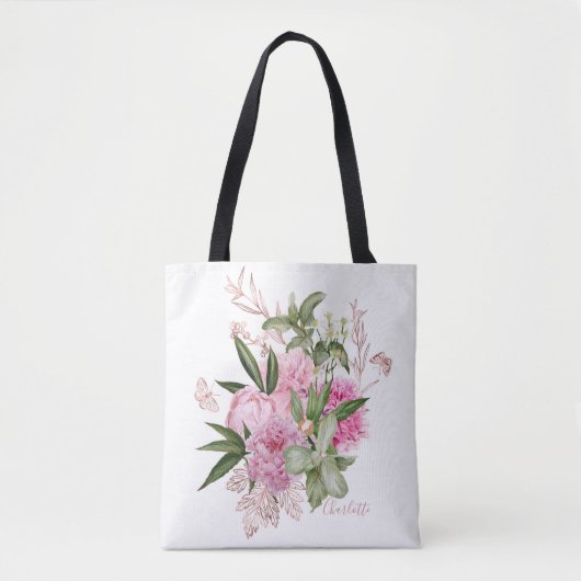 Roze Waterverf Peonies Roos Gold Butterfly Naam Tote Bag (Voorkant)