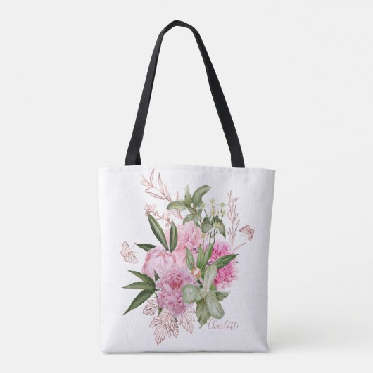 Roze Waterverf Peonies Roos Gold Butterfly Naam Tote Bag (Achterkant)