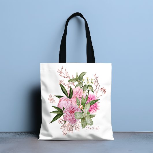 Roze Waterverf Peonies Roos Gold Butterfly Naam Tote Bag