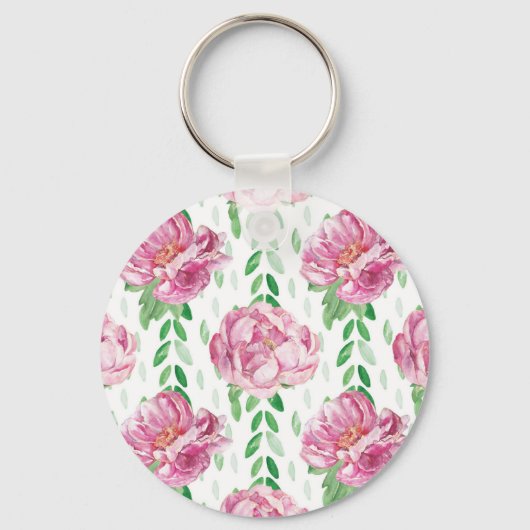 Roze Waterverf Peonies Sleutelhanger (Voorkant)