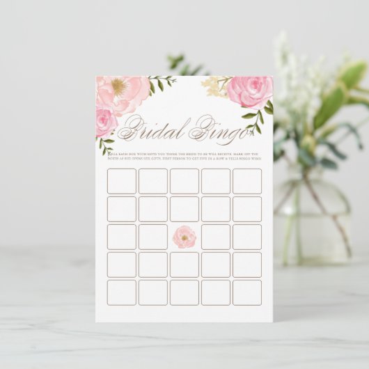 Roze Waterverf Peonies Vrijgezellenfeest Bingo Gam Informatiekaartje (Staand voorkant)