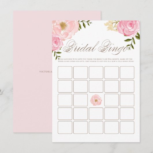Roze Waterverf Peonies Vrijgezellenfeest Bingo Gam Informatiekaartje (Voorkant / Achterkant)