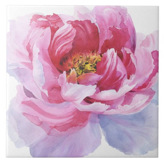 Roze Waterverf Peony Ceramic Tile Tegeltje (Voorkant)