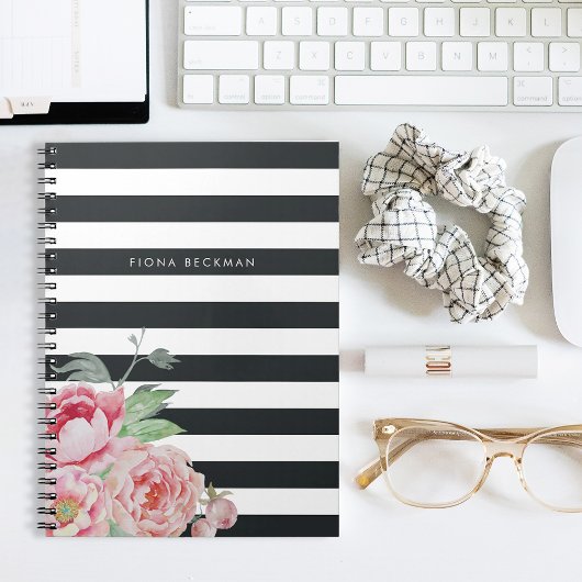 Roze Waterverf Peony & Charcoal Stripe Notitieboek