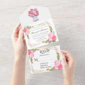 Roze Waterverf Peony Gold Geometric Wedding All In One Uitnodiging (Afscheurbaar)