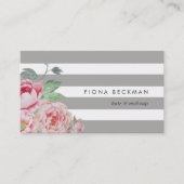 Roze Waterverf Peony & Gray Stripe Visitekaartje (Voorkant)