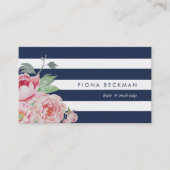 Roze Waterverf Peony & Navy Stripe Visitekaartje (Voorkant)
