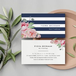 Roze Waterverf Peony & Navy Stripe Visitekaartje