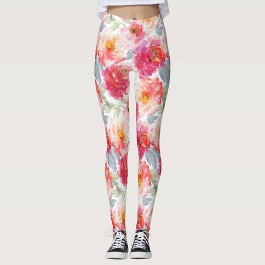 Roze Waterverf Peony-ventilator Leggings (Voorkant)