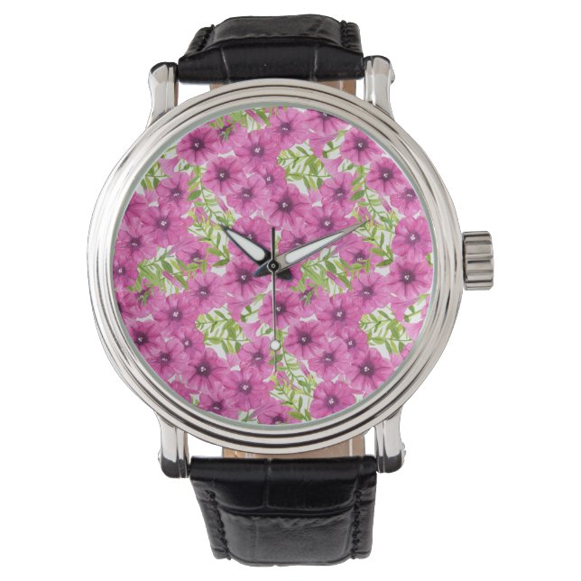 Roze waterverf petunia-bloempatroon horloge (Voorkant)