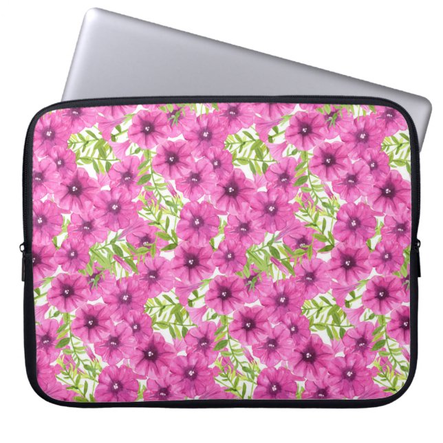 Roze waterverf petunia-bloempatroon laptop sleeve (Voorkant)