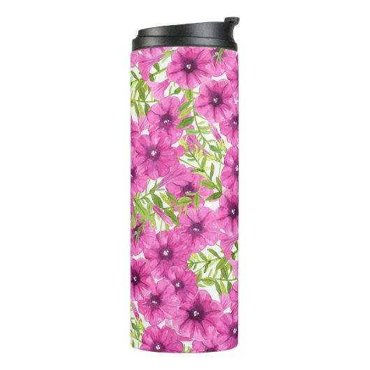 Roze waterverf petunia-bloempatroon thermosbeker (Gedraaid links)