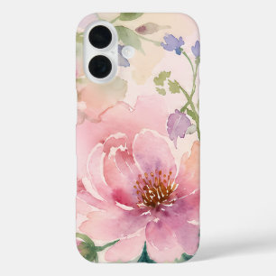 Roze Waterverf Pioen Bloemmotief iPhone 16 Hoesje