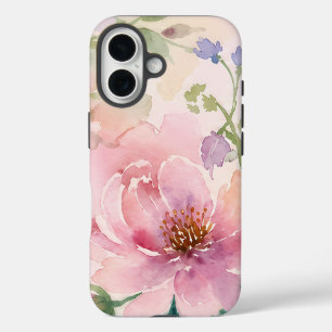 Roze Waterverf Pioen Bloemmotief iPhone 16 Hoesje
