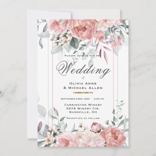 Roze Waterverf Pioen Bruiloft Uitnodiging (Voorkant)