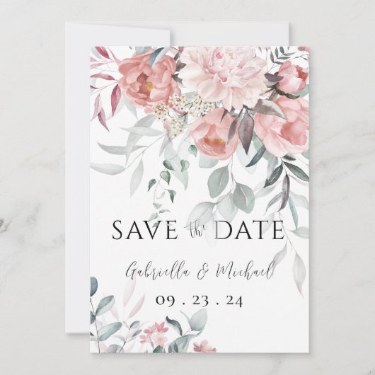 Roze Waterverf Pioen groen bruiloft Save The Date (Voorkant)