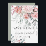 Roze Waterverf Pioen groen bruiloft Save The Date<br><div class="desc">Prachtige, stijlvolle, roze, delicate en crèmekleurige bloemetjes met zacht waterverf groen. Roze pioenen. Zachte pastelgroene achterkant kaart. Deze "Save the Date" elegant & romantisch en een all season kaart. Meer dan verfijning. Een eenvoudige en chique typografie is ook toegevoegd om deze huwelijksherinnering af te ronden in een meer dan mooie...</div>