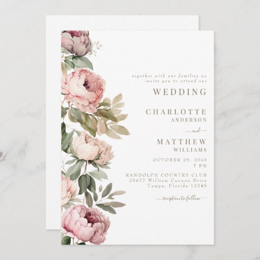 Roze Waterverf pioenen Elegante bruiloft gouden te Kaart (Voorkant / Achterkant)