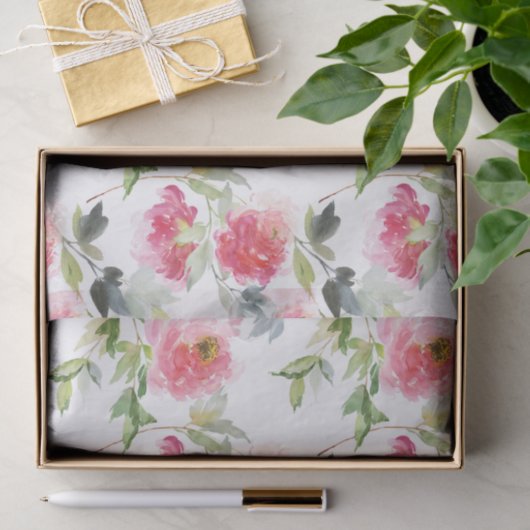 Roze Waterverf pioenen en groen patroon Tissuepapier (Geschenk)