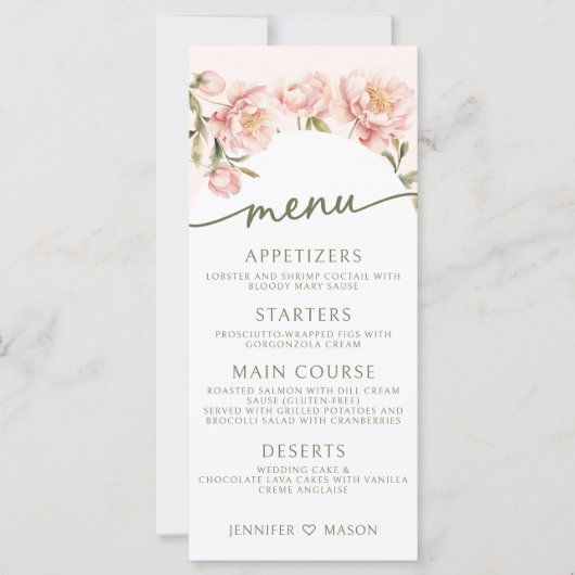 Roze waterverf pioenrozen bloemenbruiloft menu Kaa (Voorkant)