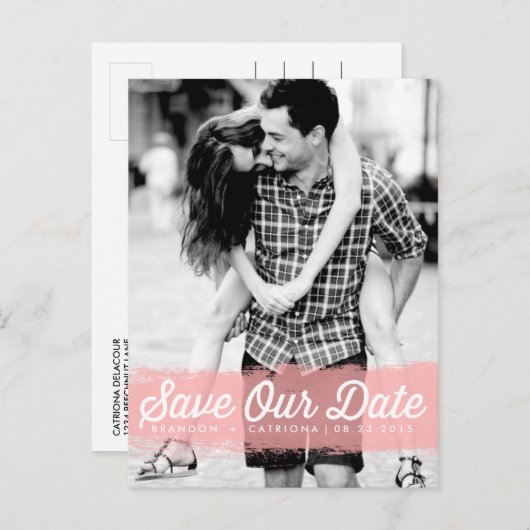 Roze Waterverf plastic bespaart ons datumBriefkaar Aankondigingskaart (Voorkant / Achterkant)