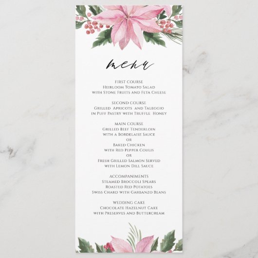 Roze Waterverf Poinsettia Floral Winter Wedding Menu (Voorkant)