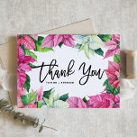 Roze Waterverf Poinsettias Kerstbruiloft Bedankkaart<br><div class="desc">Stuur bedankt naar familie en vrienden met deze aanpasbare bedankkaart. Het bevat waterverf afbeeldingen van roze poinsettia's. Deze bloemenbedankkaart is ideaal voor kerst- en winterbruiloften,  baby showers,  vrijgezellenfeesten en andere evenementen. Personaliseer door namen en berichten toe te voegen.</div>