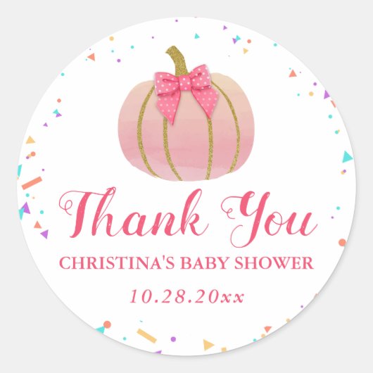Roze Waterverf Pompoen Dank u Baby shower Ronde Sticker (Voorkant)