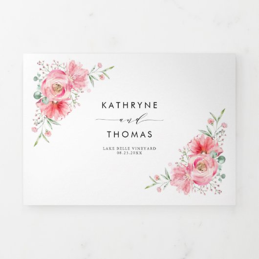  roze Waterverf Pony en Roos bruiloft Drieluik Uitnodiging (Cover)