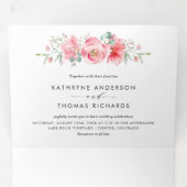 roze Waterverf Pony en Roos bruiloft Drieluik Uitnodiging (Binnenzijde eerst)