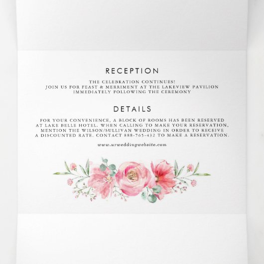  roze Waterverf Pony en Roos bruiloft Drieluik Uitnodiging (Binnenkant midden)