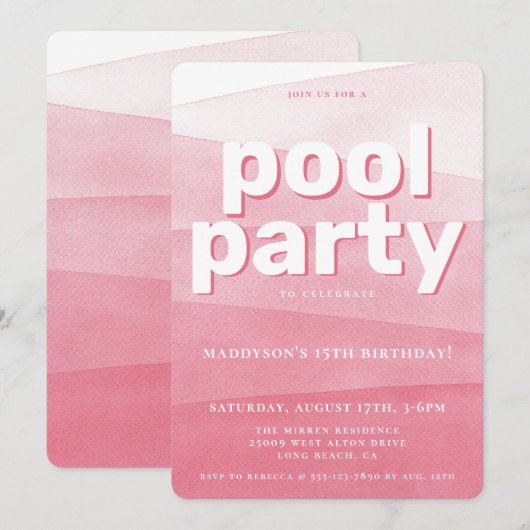 Roze Waterverf Pool Party Verjaardagsuitnodiging Kaart (Voorkant / Achterkant)
