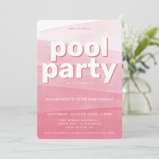 Roze Waterverf Pool Party Verjaardagsuitnodiging Kaart (Staand voorkant)