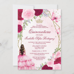 Roze Waterverf Princess Brown Hair Quinceanera Kaart