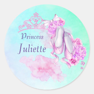 Roze Waterverf Prinses Kroon en Ballet Slippers Ronde Sticker
