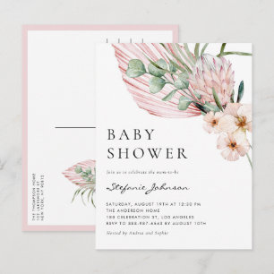 Roze Waterverf Protea Tropisch Baby shower Uitnodiging Briefkaart