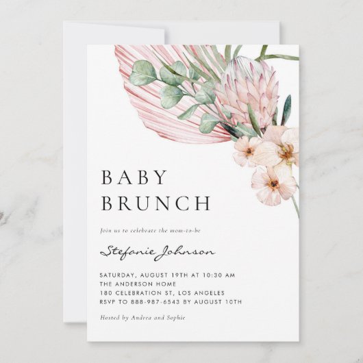 Roze Waterverf Protea Tropische Baby Brunch Kaart (Voorkant)