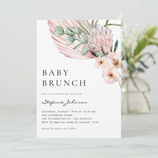Roze Waterverf Protea Tropische Baby Brunch Kaart (Staand voorkant)