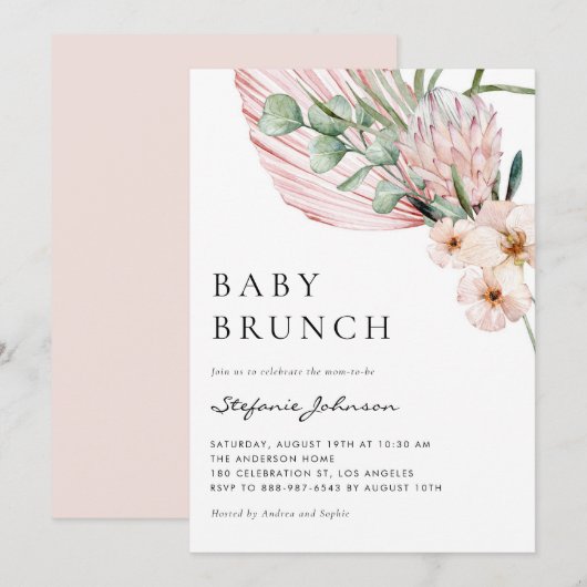 Roze Waterverf Protea Tropische Baby Brunch Kaart (Voorkant / Achterkant)