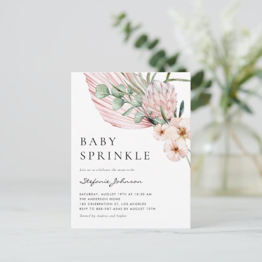 Roze Waterverf Protea Tropische Baby Sprinkle Uitnodiging Briefkaart (Staand voorkant)