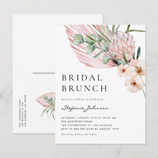 Roze Waterverf Protea Tropische Bridal Brunch Uitnodiging Briefkaart (Voorkant / Achterkant)