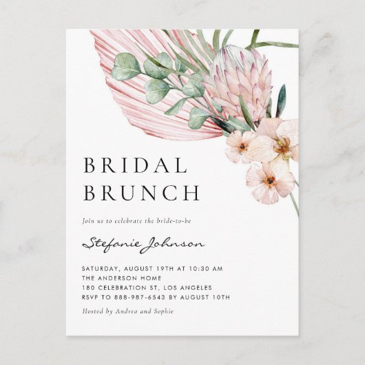 Roze Waterverf Protea Tropische Bridal Brunch Uitnodiging Briefkaart (Voorkant)