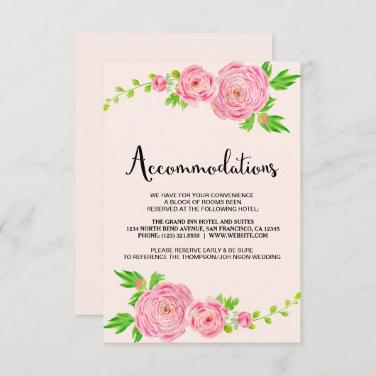 Roze Waterverf Ranunculus Accommodatie-kaarten Informatiekaartje (Voorkant / Achterkant)