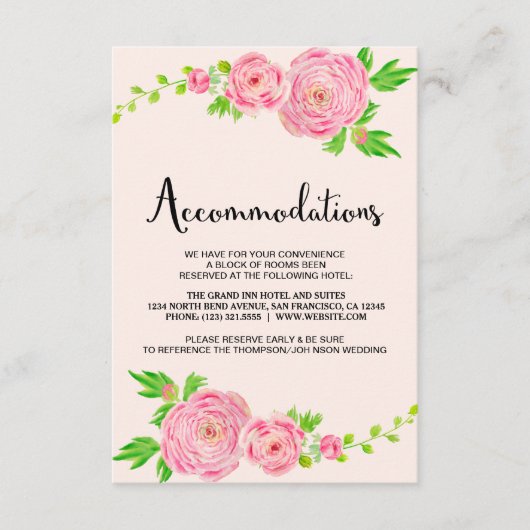 Roze Waterverf Ranunculus Accommodatie-kaarten Informatiekaartje (Voorkant)