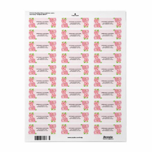 Roze Waterverf Ranunculus Adresetiketten Etiket (Full Sheet)