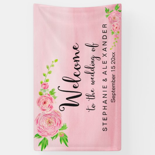 Roze Waterverf Ranunculus Bruiloft Bloemen Banner (Verticaal)